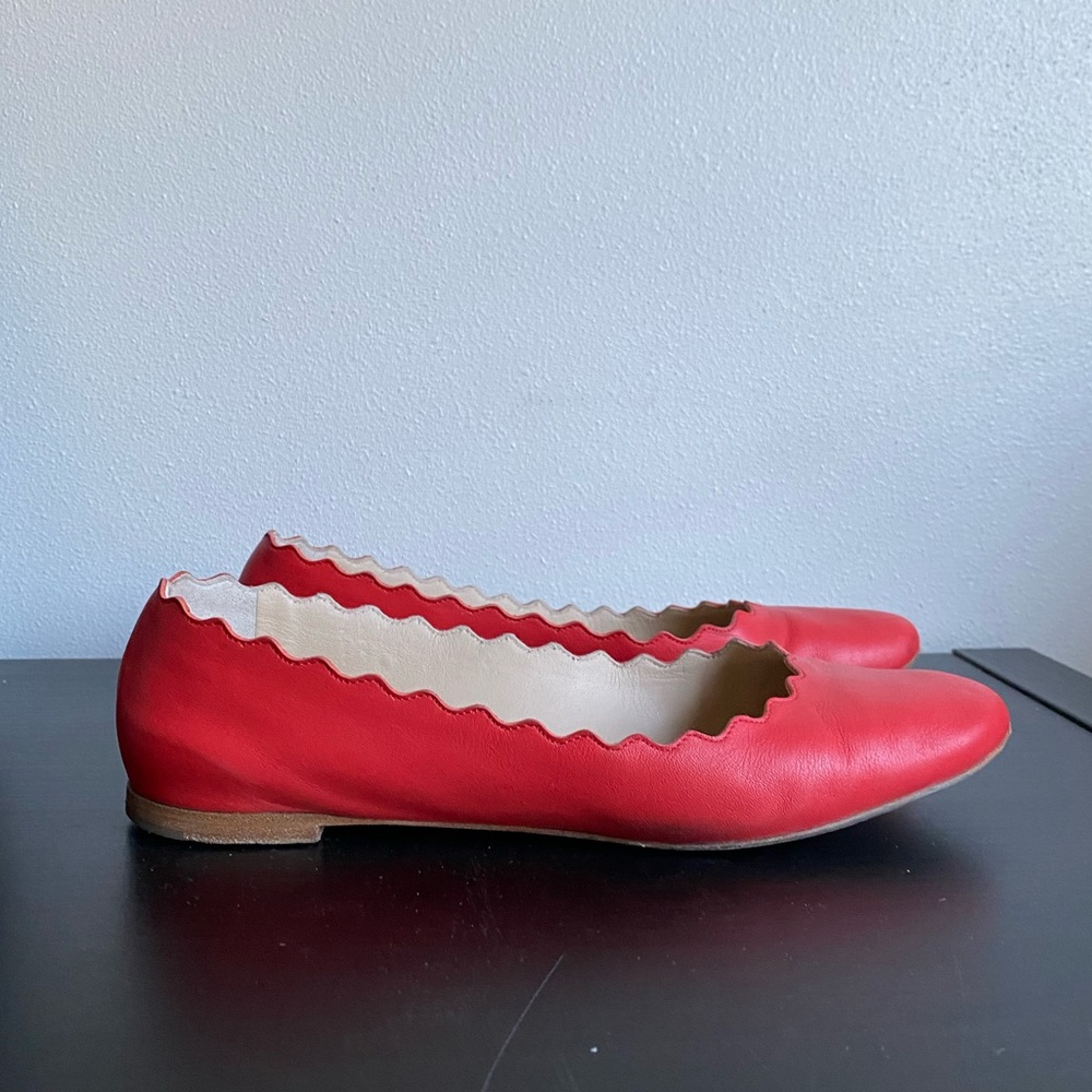 Preowned Chloe Lauren Scalloped Edge Leather Ballet Flats Coral size 37.5
